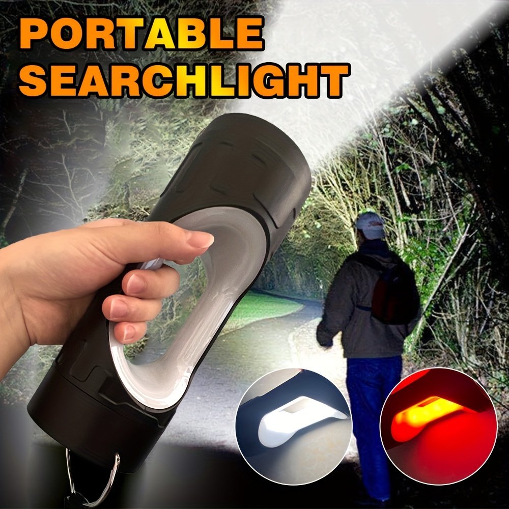 LED+COB Searchlight Handheld Flashlight Waterproof Rechargeable Work Light Red Warning Lamp Outdoor Camping Light Fishing Torch